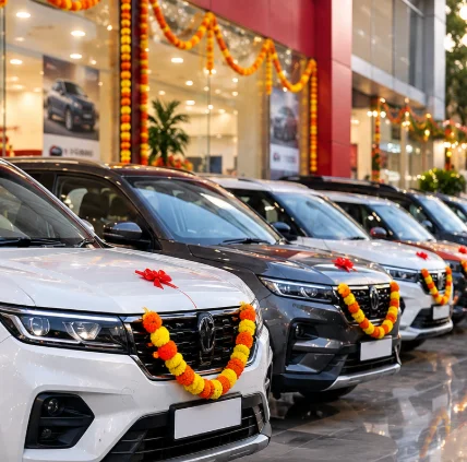 Cars lined up at an Indian automobile dealership during the festive season
