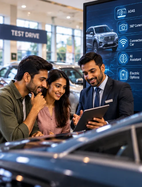 Indian consumer comparing modern cars and vehicle technology at a dealership