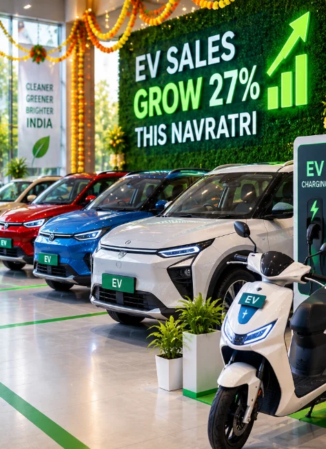 Electric cars and scooters displayed at an Indian electric vehicle dealership