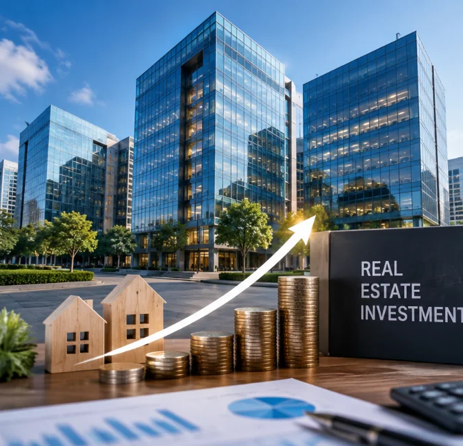 Modern commercial office towers representing income-generating real estate assets