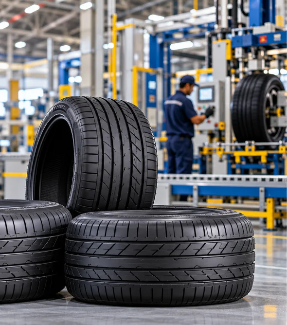 Premium car tyres at a modern tyre manufacturing facility in India