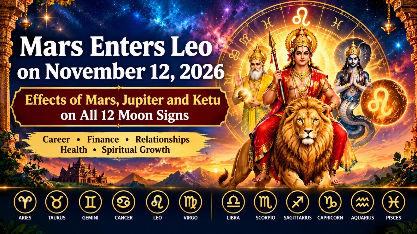 South Indian style Vedic astrology cover showing Mars entering Leo on November 12, 2026, with Jupiter, Ketu, a lion and predictions for all 12 Moon signs.