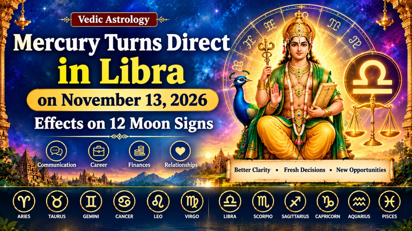 South Indian-style Vedic astrology cover featuring Mercury turning direct in Libra on November 13, 2026, with Libra scales, a planetary illustration and symbols for all 12 zodiac signs.