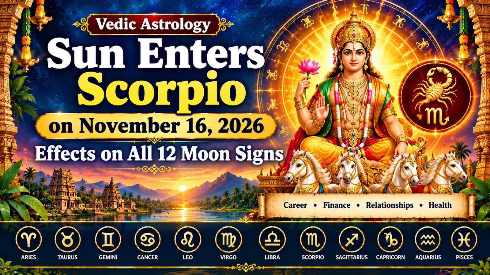 South Indian-style Vedic astrology cover featuring the Sun entering Scorpio on November 16, 2026, with a Sun deity, Scorpio zodiac symbol, and all 12 Moon signs.