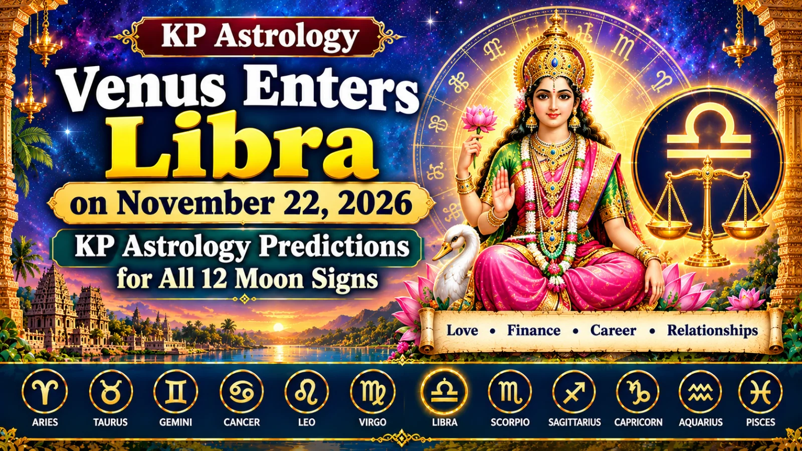 South Indian-style KP astrology cover featuring Venus entering Libra on November 22, 2026, with a Venus goddess, Libra scales, and all 12 zodiac signs.