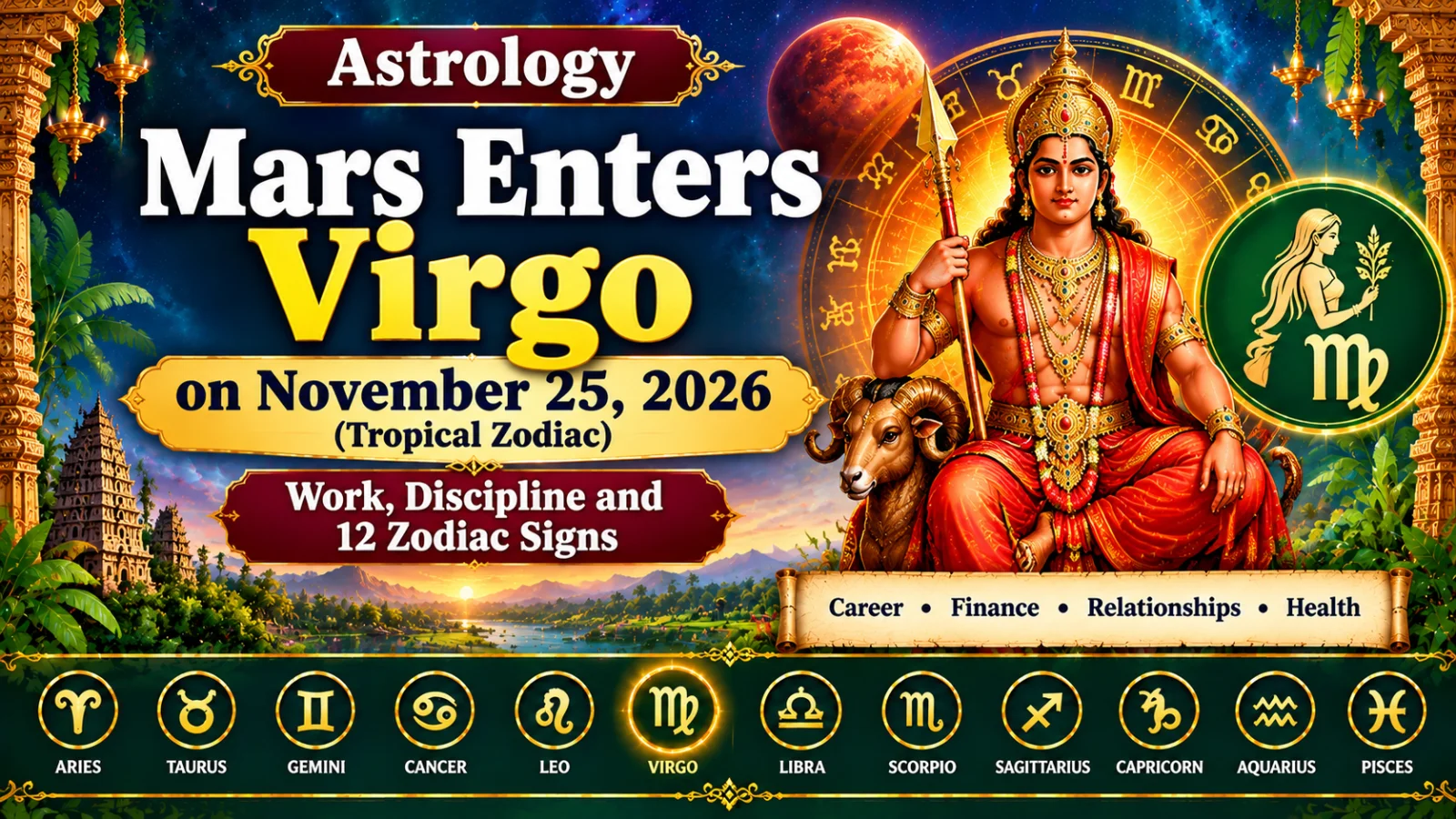 South Indian-style astrology cover featuring Mars entering Virgo on November 25, 2026, in the tropical zodiac, with Mars imagery, the Virgo zodiac symbol, and all 12 zodiac signs.