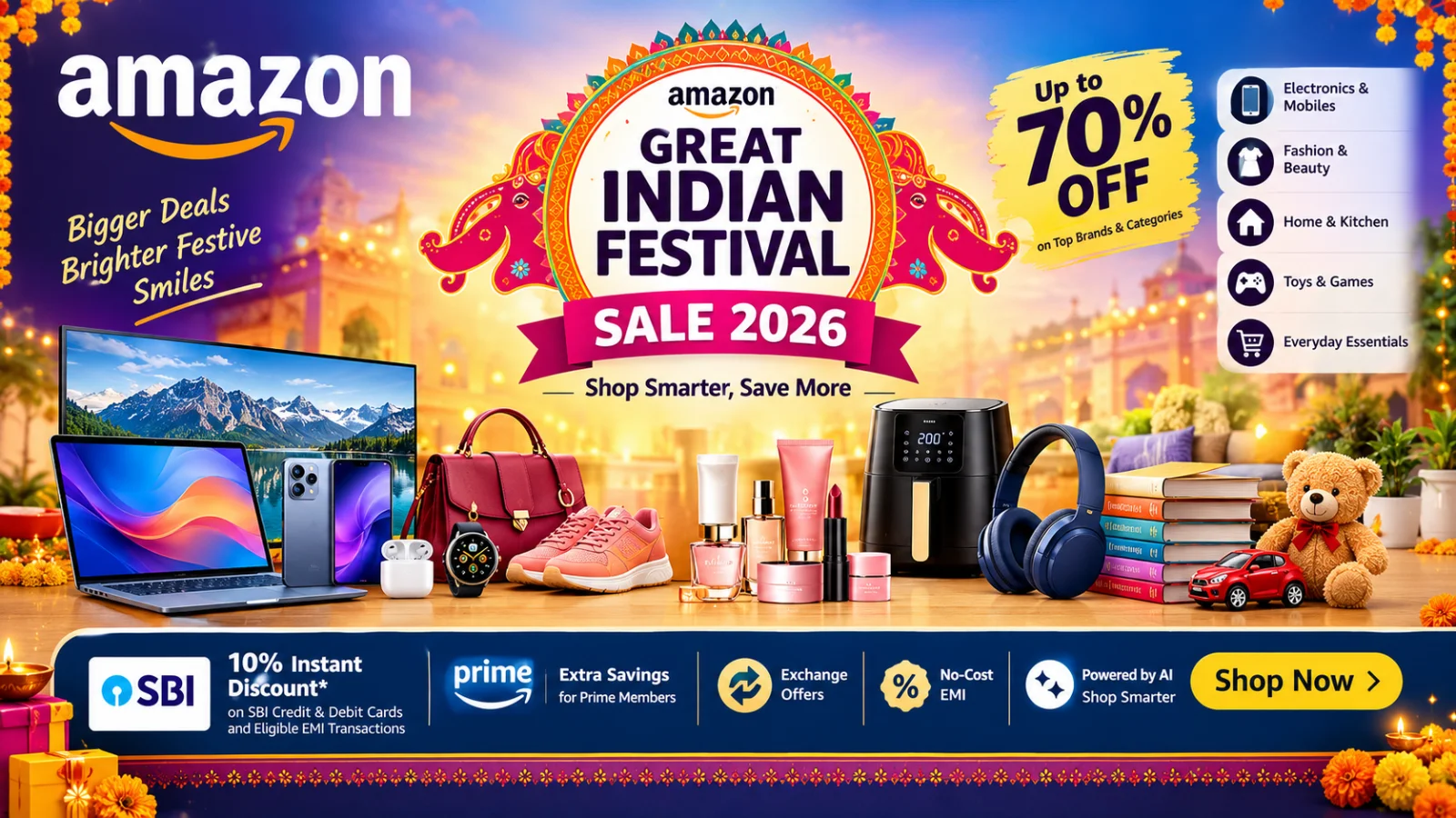 Amazon Great Indian Festival 2026 sale banner featuring electronics, smartphones, fashion, home appliances, beauty products, festive shopping deals, bank discounts, and smart shopping offers.