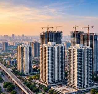 High-rise residential apartment buildings under construction in Hyderabad
