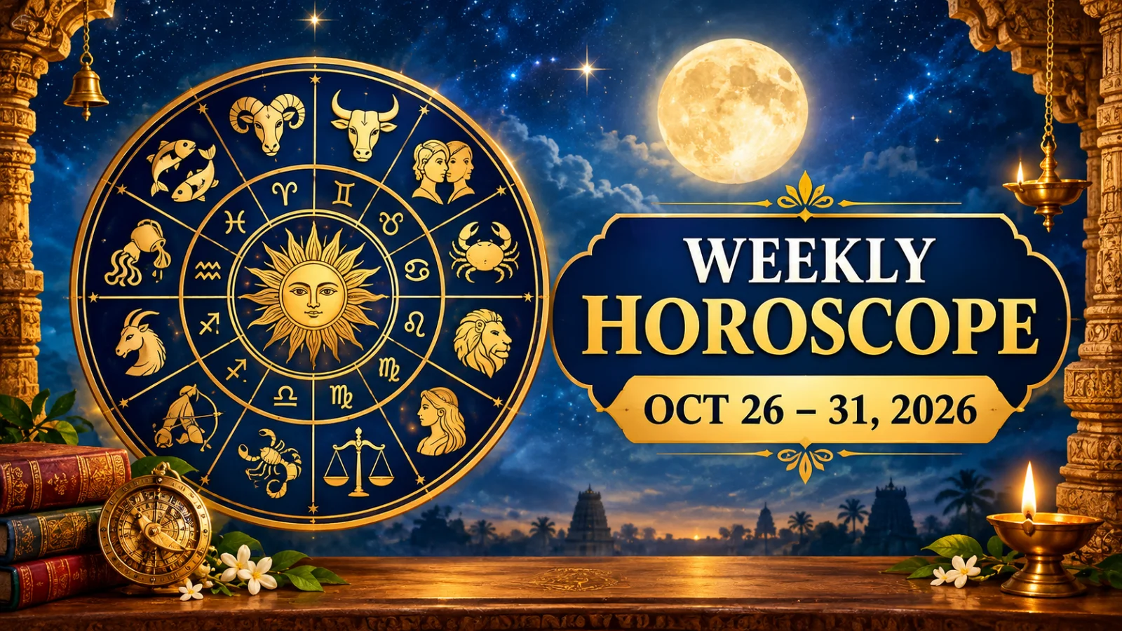 Weekly horoscope cover featuring the 12 zodiac signs, a full moon and traditional Indian astrological motifs.