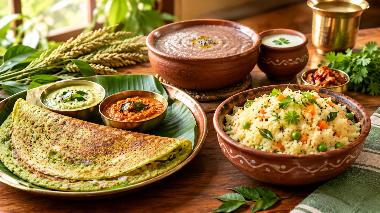 Pesarattu, ragi breakfast and atukula upma arranged on a traditional South Indian breakfast table.