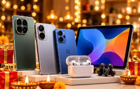OnePlus-style smartphones, tablet and wireless earbuds displayed for a festive electronics sale