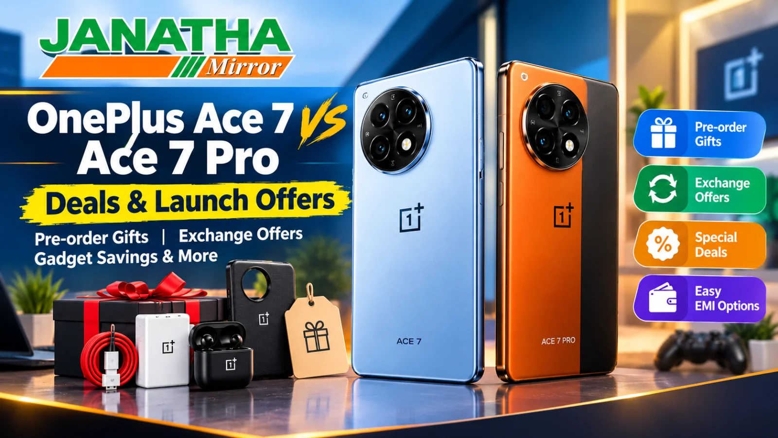 Janatha Mirror cover image comparing OnePlus Ace 7 and Ace 7 Pro smartphones, highlighting pre-order gifts, exchange offers, special deals, and EMI options.