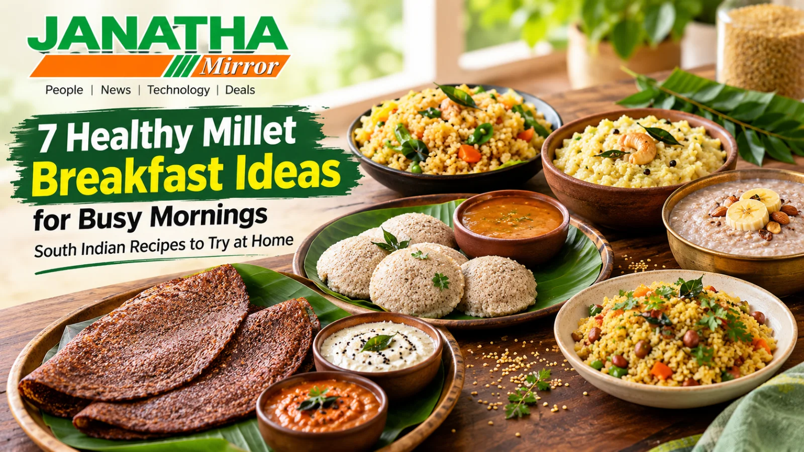 Janatha Mirror cover image featuring South Indian millet breakfast dishes, including ragi dosa, millet idli, foxtail millet upma and little millet pongal.
