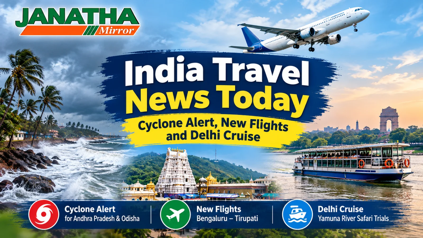 India travel news cover showing coastal travel alerts, a Bengaluru–Tirupati flight and Delhi Yamuna River Safari.
