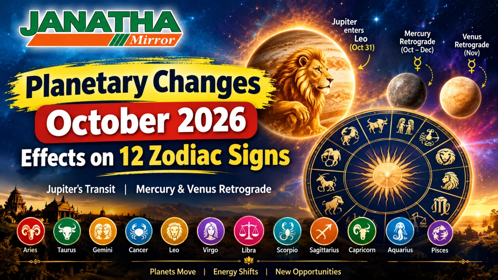 Janatha Mirror astrology cover showing Jupiter’s transit, retrograde planets and the effects of planetary changes on all 12 zodiac signs.