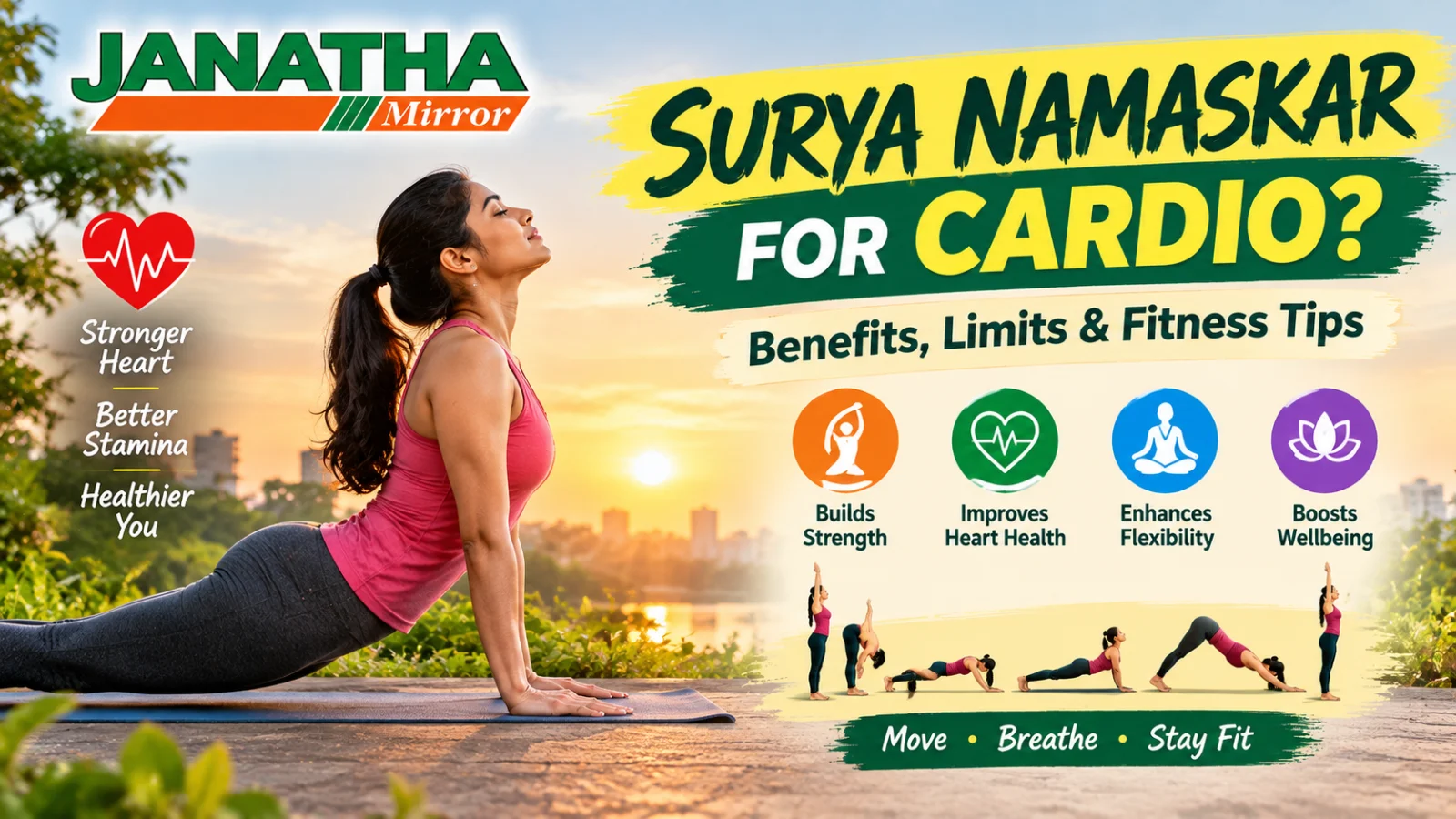 Janatha Mirror health cover showing a person practising Surya Namaskar with yoga poses and cardio fitness visuals.
