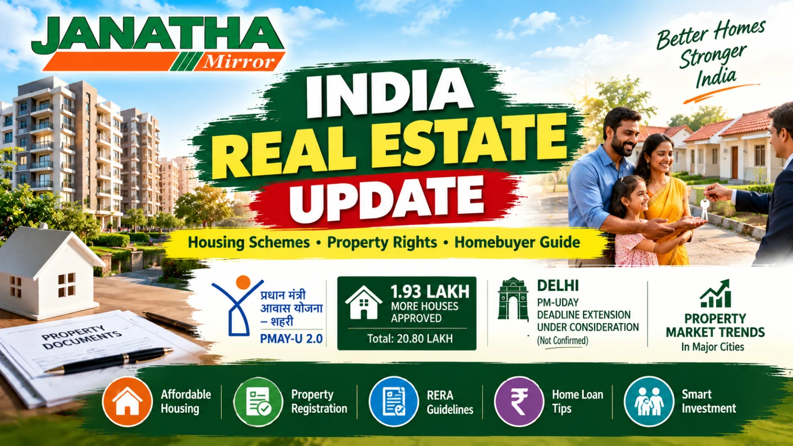India real estate news cover showing modern apartments, affordable housing, property documents and government housing updates.