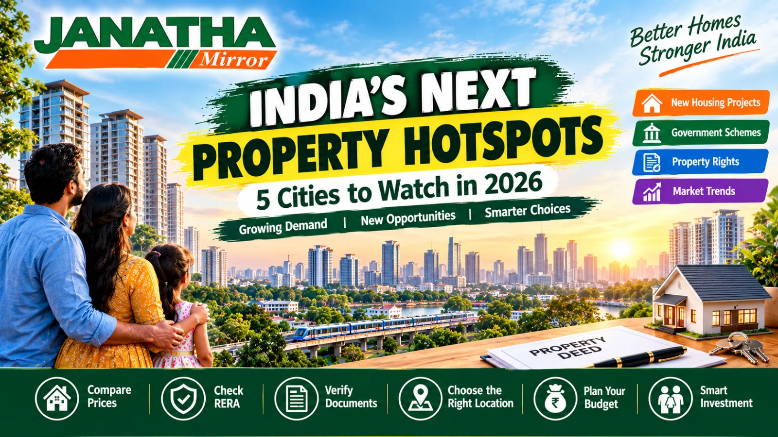 Indian residential property market with modern apartments, urban skylines and homebuyers in emerging real estate cities.