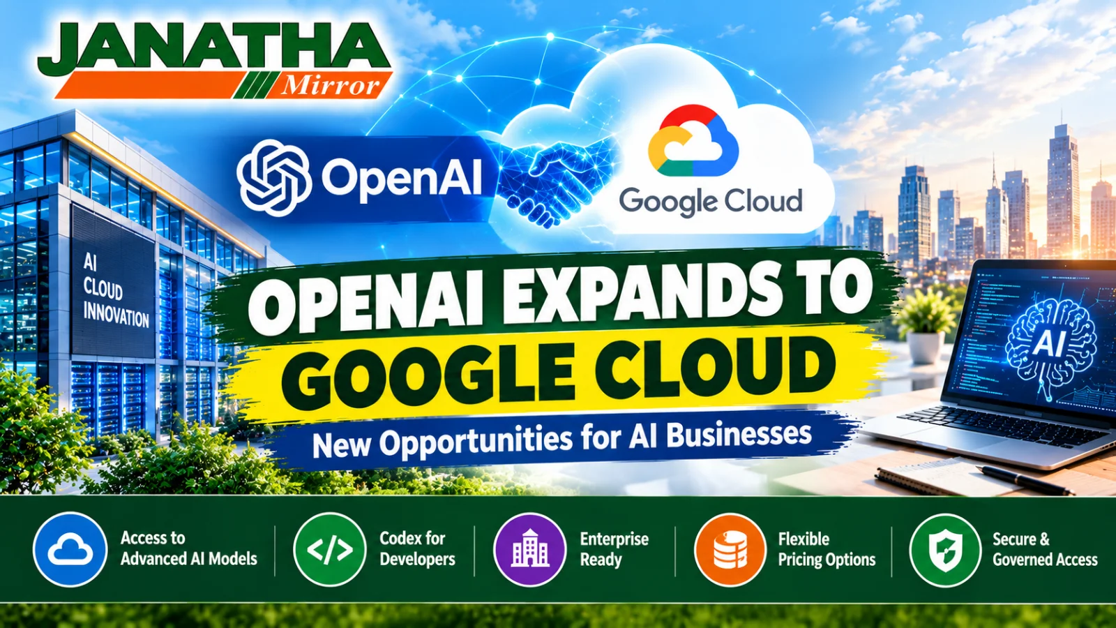 OpenAI and Google Cloud partnership illustration showing AI technology, cloud infrastructure and business opportunities.