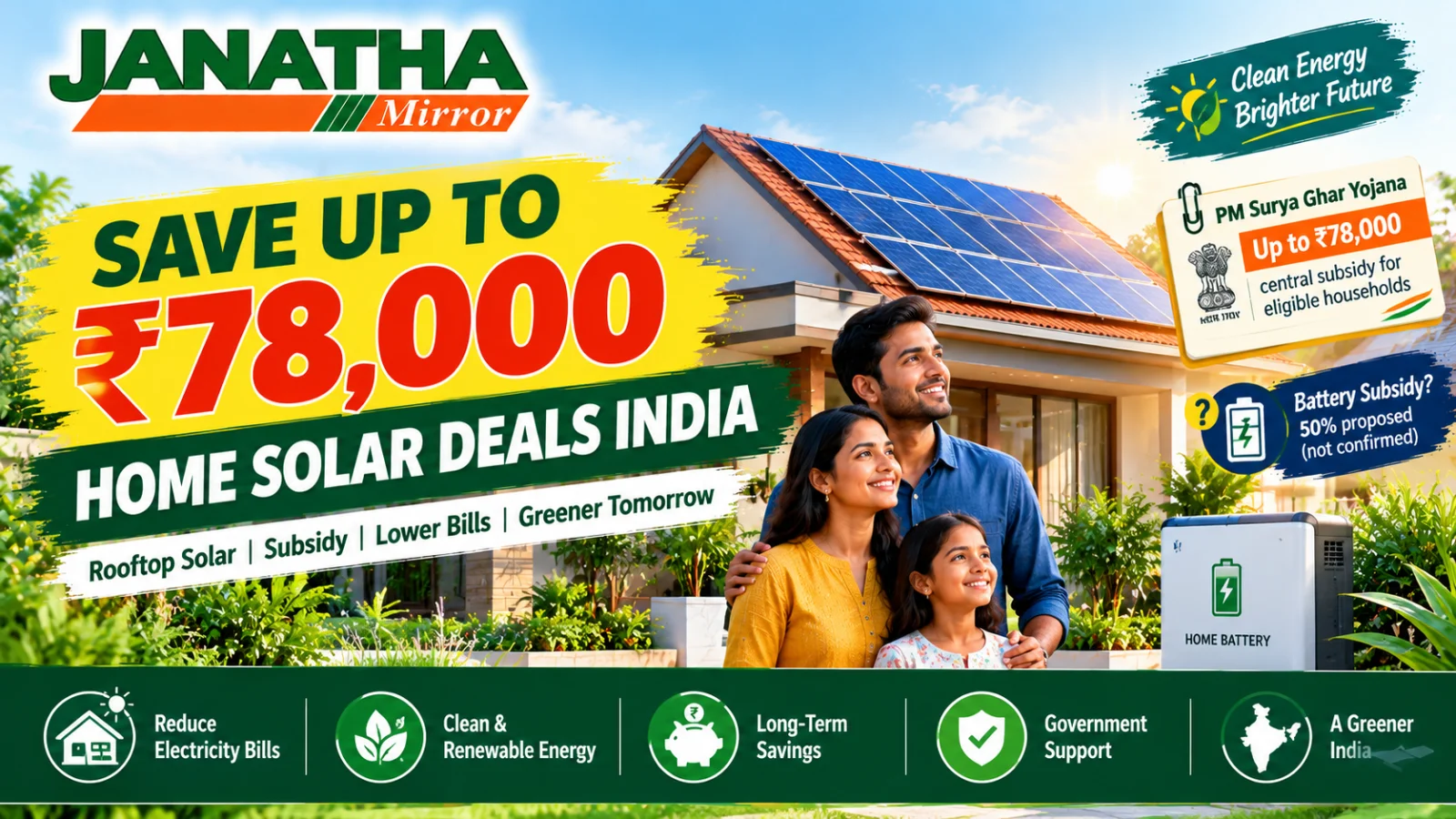 Indian home with rooftop solar panels and a battery storage unit illustrating solar savings and subsidy options