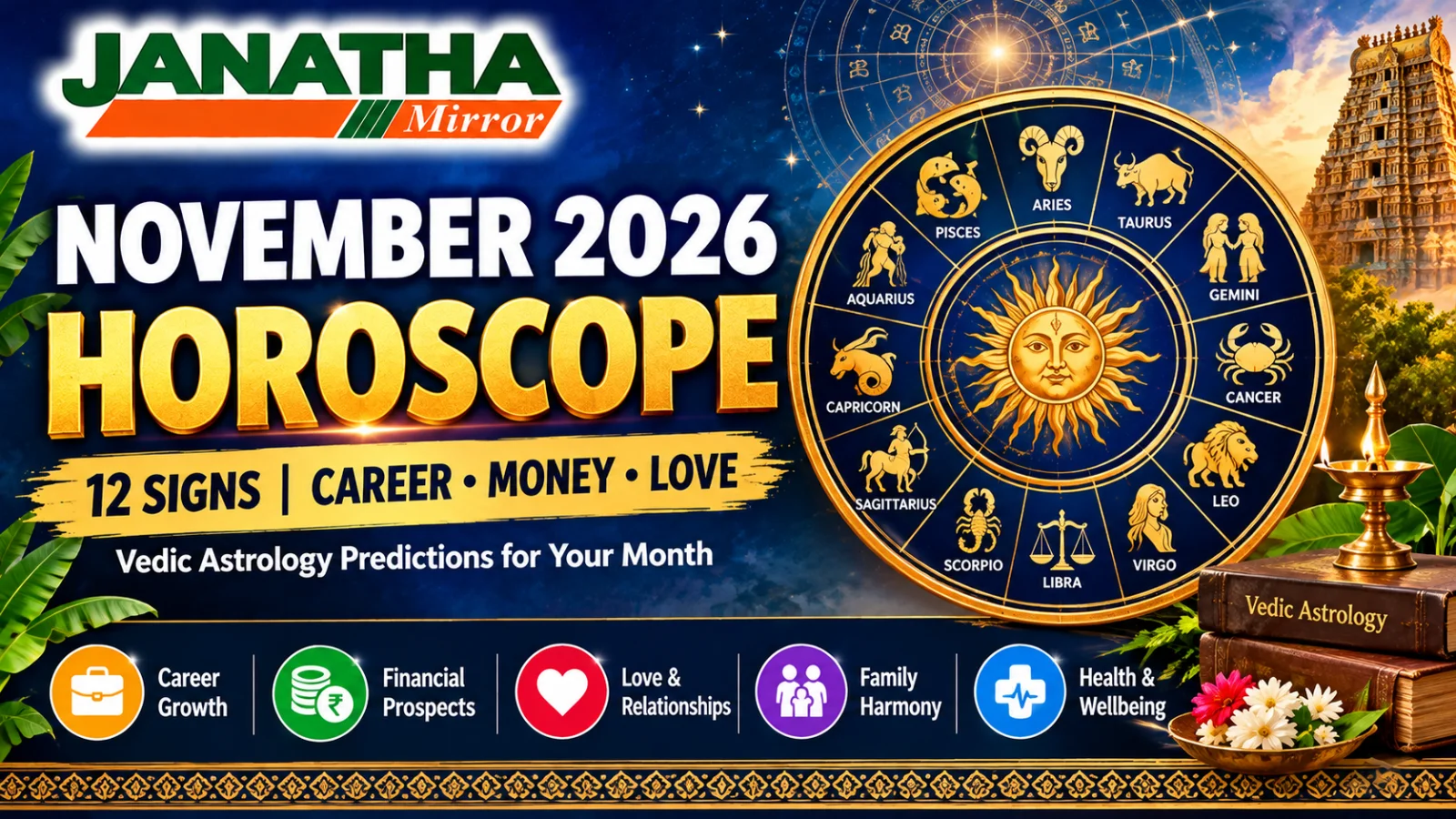 Janatha Mirror November 2026 monthly horoscope cover featuring the twelve zodiac signs and Vedic astrology predictions.