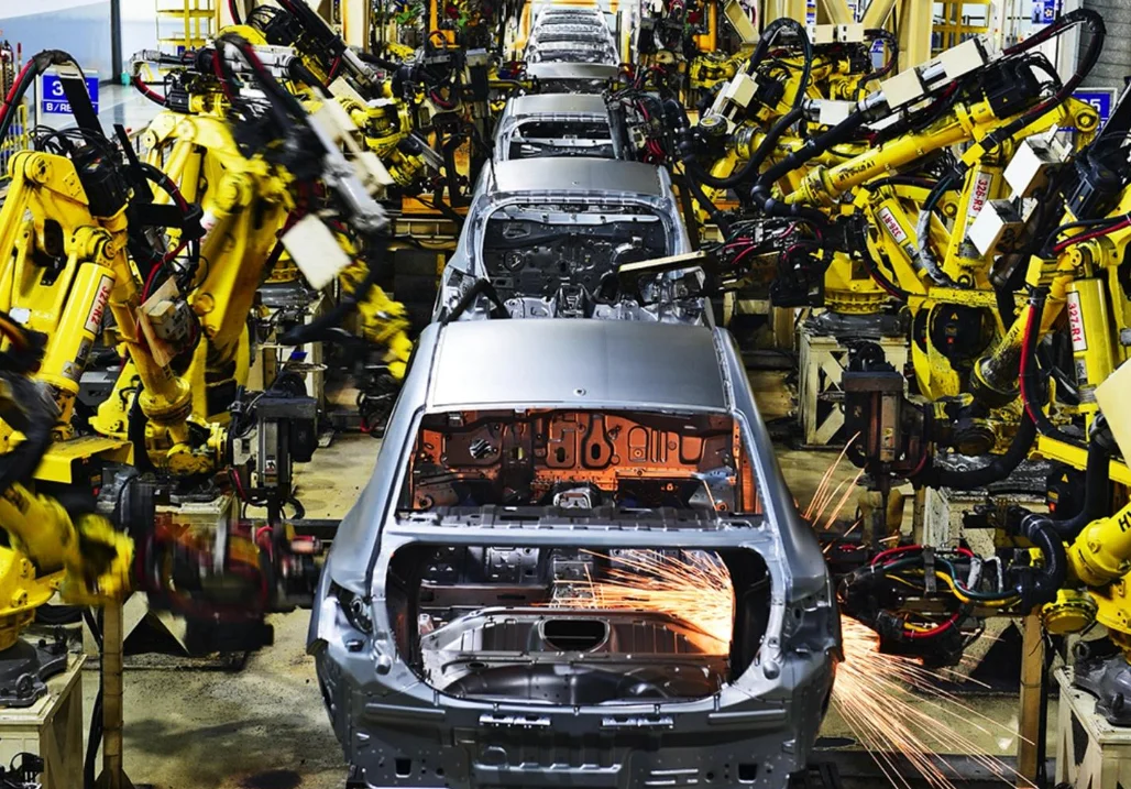 Hyundai vehicle assembly line at an Indian manufacturing facility