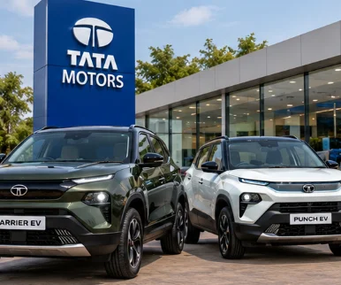 Tata electric SUVs displayed at an Indian dealership