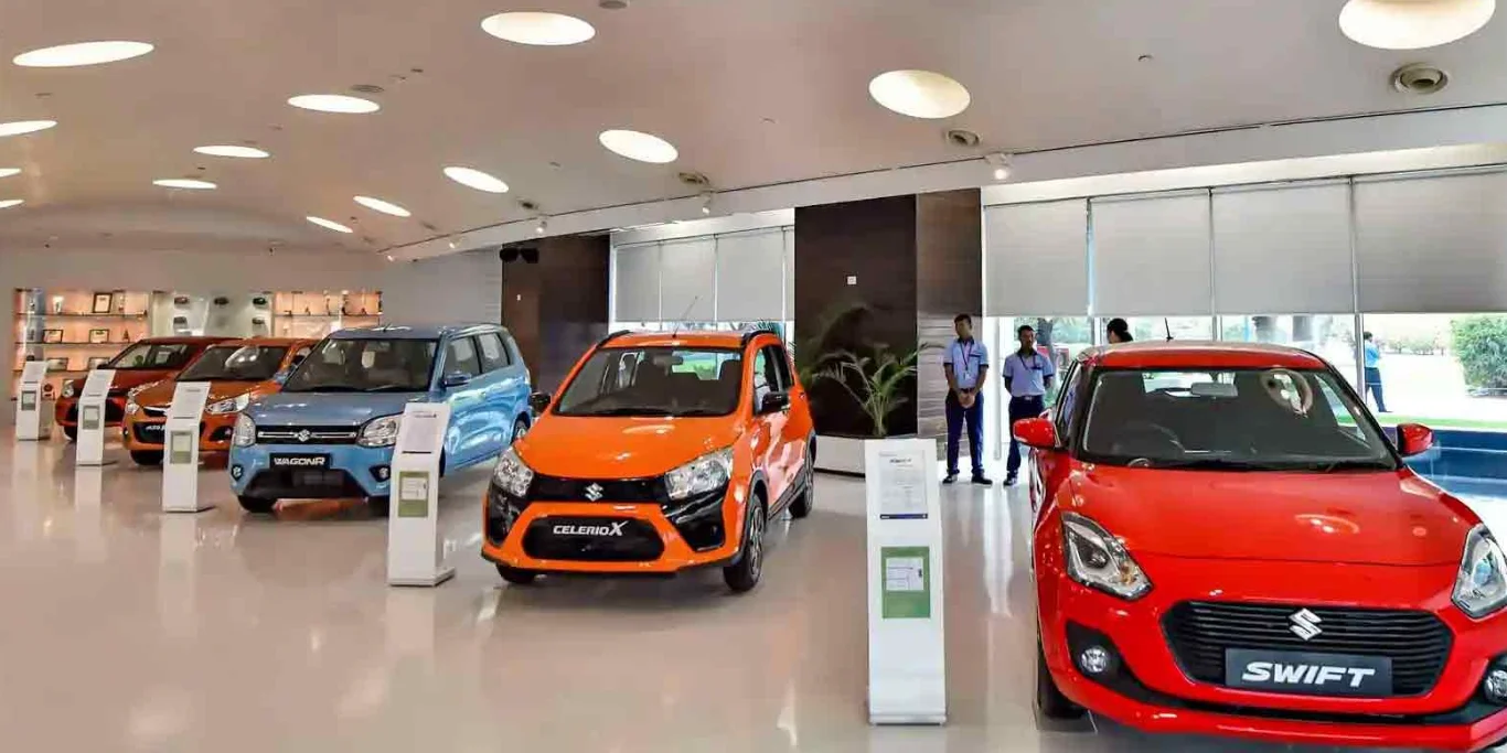 Maruti Suzuki passenger cars at an Indian dealership