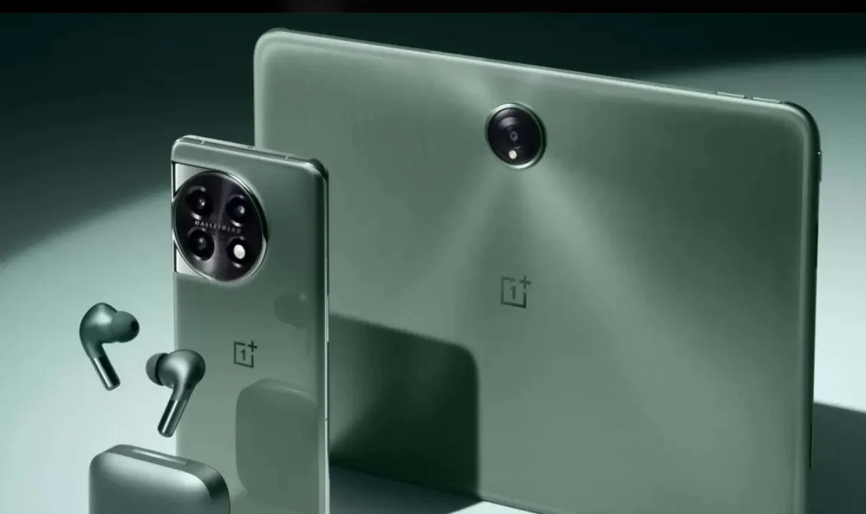 OnePlus smartphone, tablet and wireless earbuds displayed together