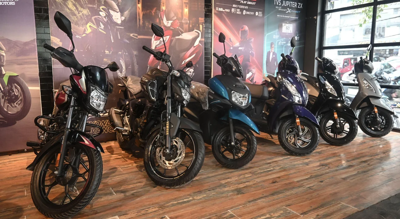 TVS Motor motorcycles and scooters displayed in a dealership