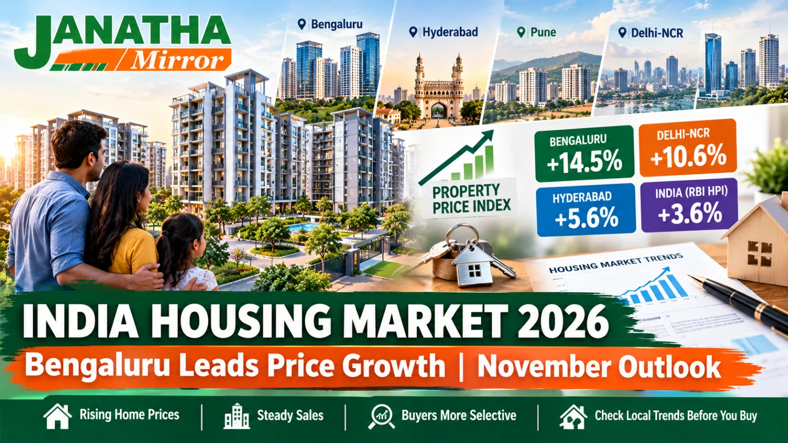 Modern Indian residential apartment buildings illustrating housing price trends and property market growth in 2026.