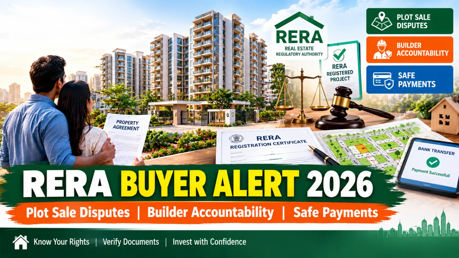 Indian homebuyers reviewing property documents in front of apartment buildings, representing RERA legal protections and payment guidelines.
