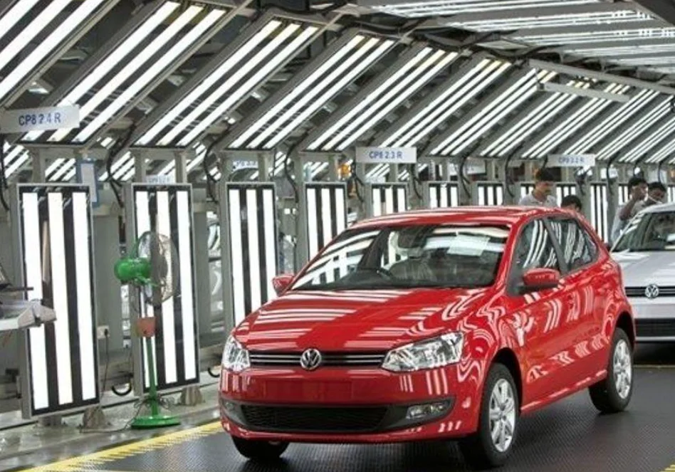 Volkswagen vehicle assembly line at an Indian automobile manufacturing facility