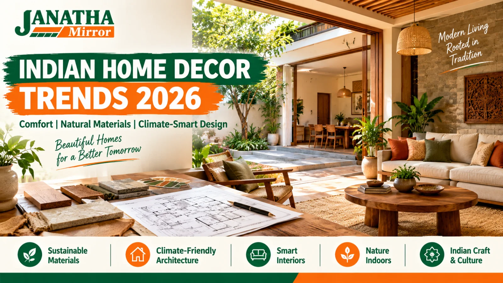 Modern Indian home featuring natural materials, earthy colours, indoor plants and climate-conscious architectural design.