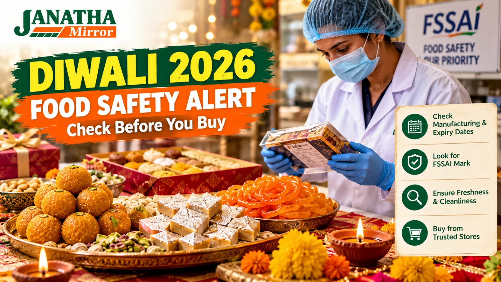 Fresh Indian Diwali sweets arranged in festive gift boxes with a food safety inspection theme