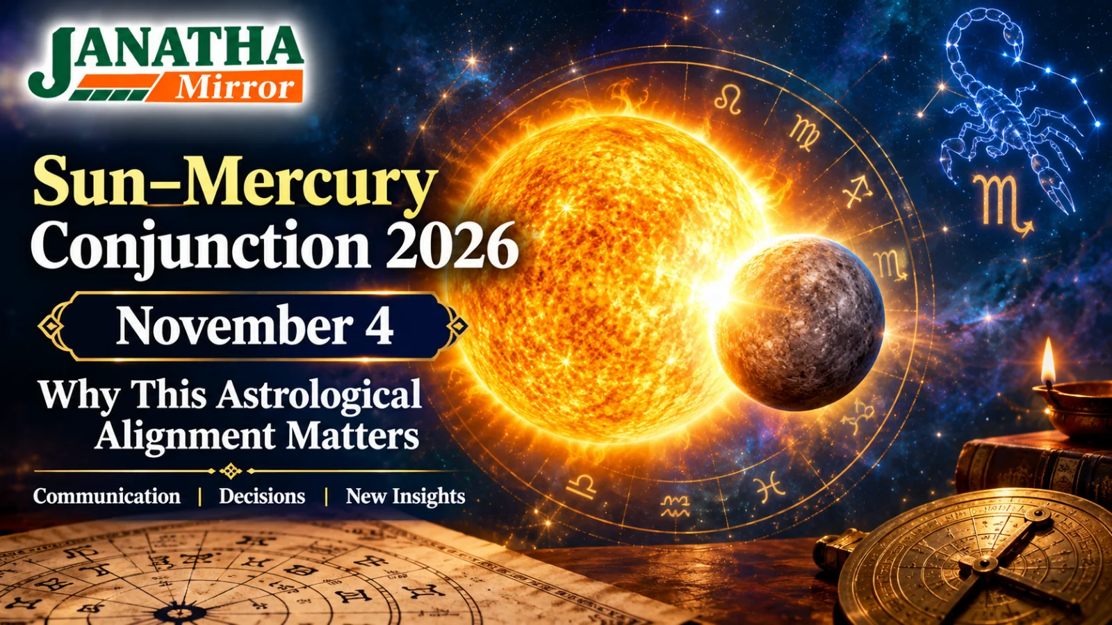 The Sun and Mercury appearing close together in a cosmic astrology illustration for November 4, 2026.