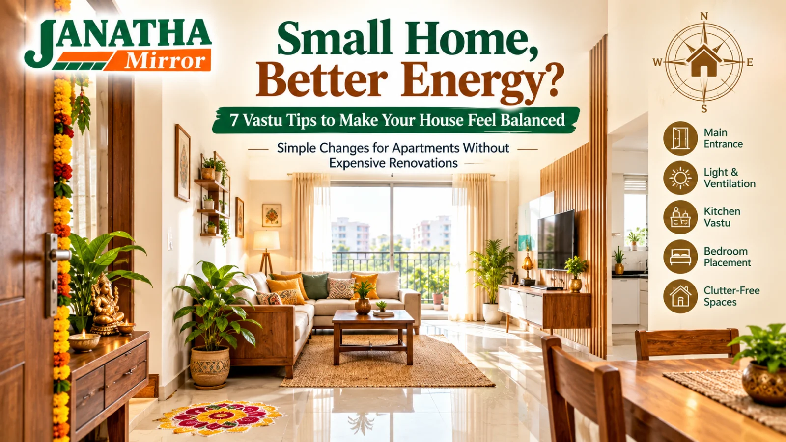 Bright and organised compact Indian apartment living room with natural light, indoor plants and balanced furniture arrangement.