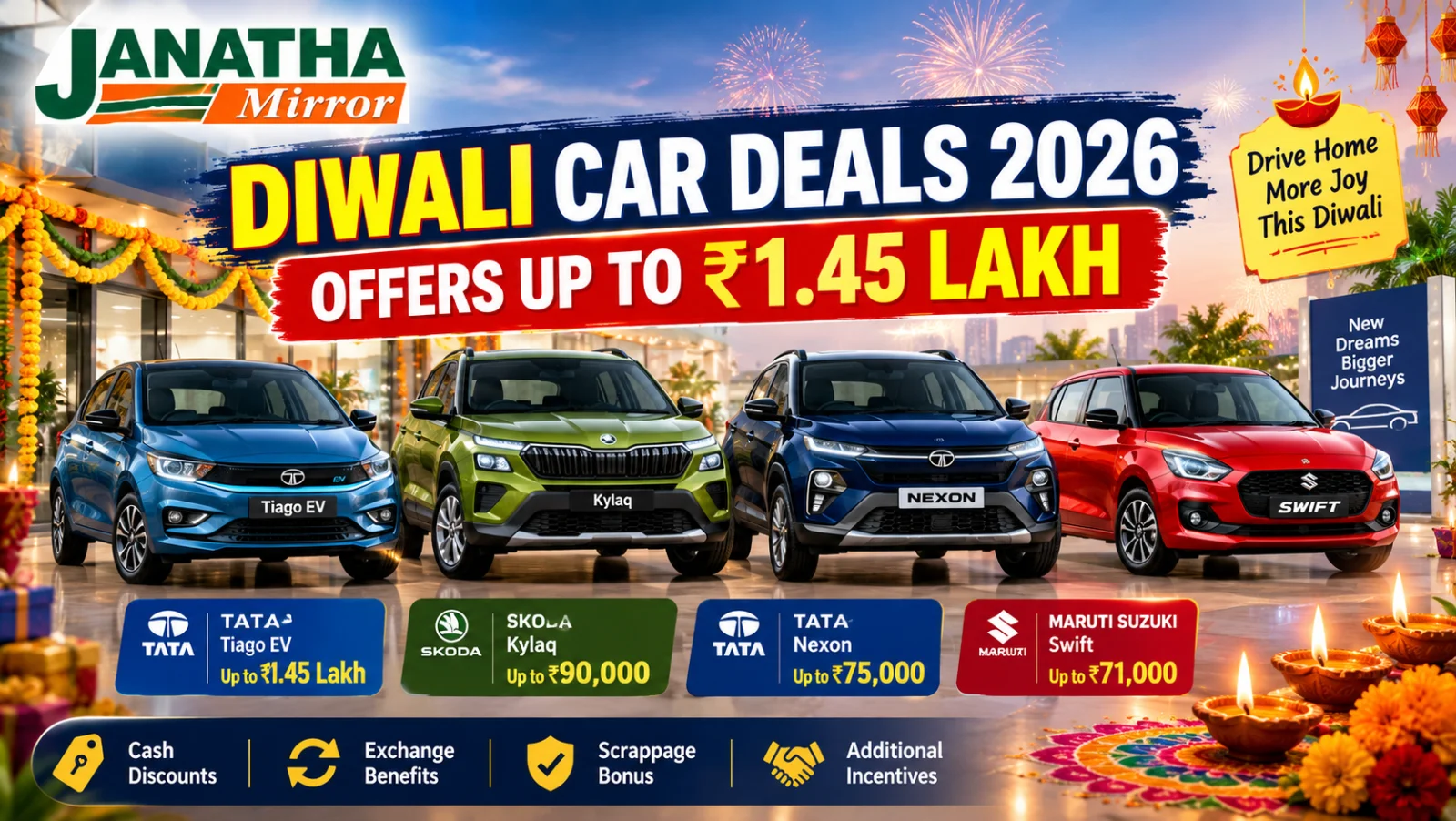 Diwali 2026 car offers in India featuring discounts on Tata Tiago EV, Skoda Kylaq, Tata Nexon and Maruti Swift.