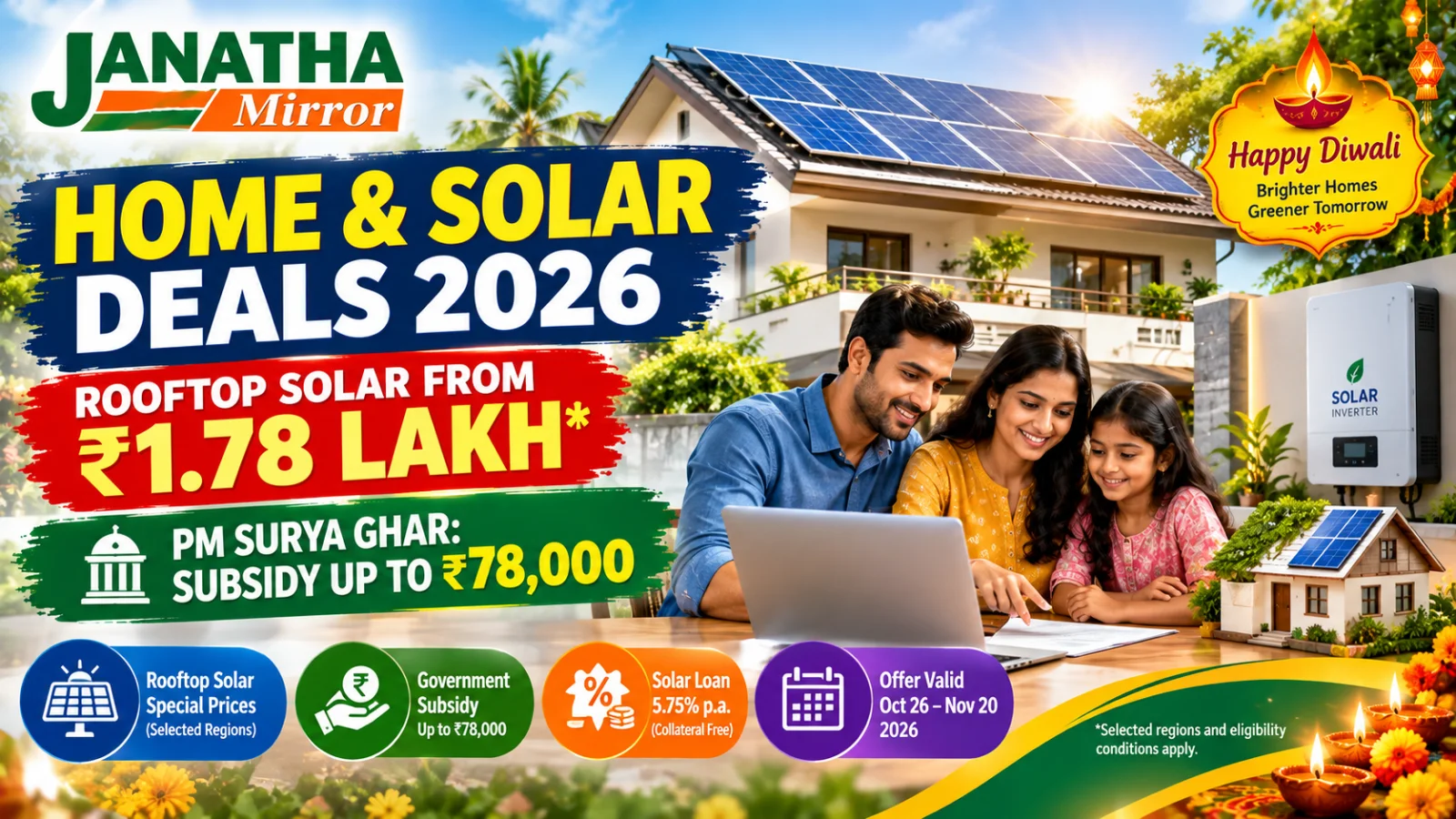 Indian family home with rooftop solar panels, solar inverter and PM Surya Ghar subsidy information.