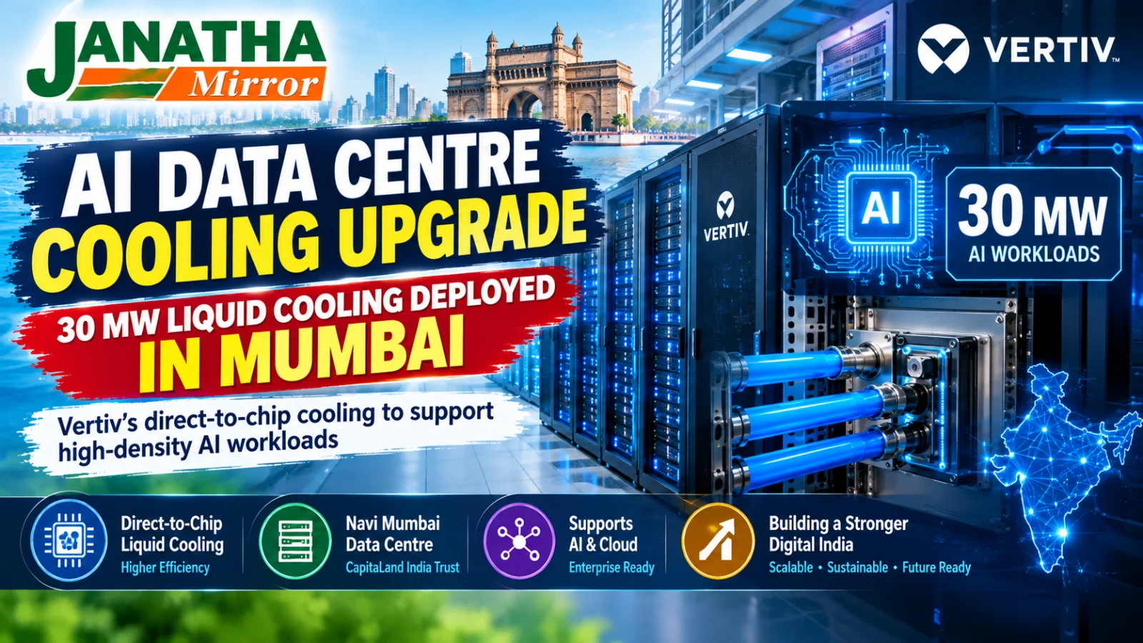 High-density AI data centre with direct-to-chip liquid cooling technology supporting 30 MW of AI workloads in Navi Mumbai.