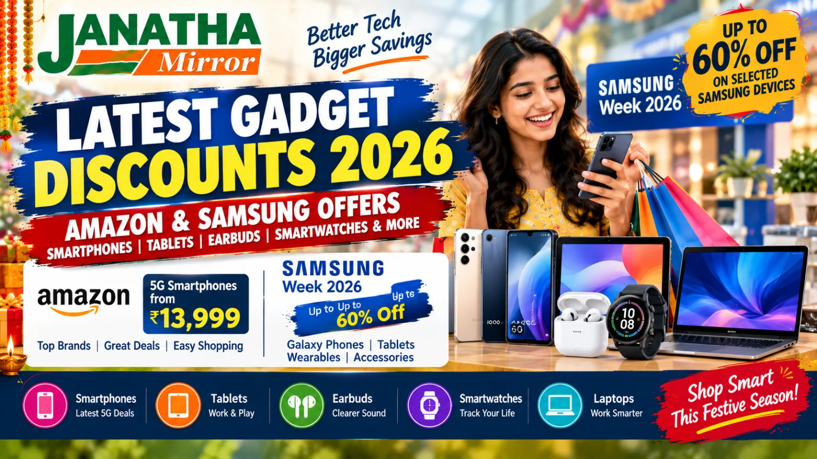 Indian shoppers comparing festive discounts on smartphones, tablets, earbuds and smartwatches during Amazon and Samsung sales.