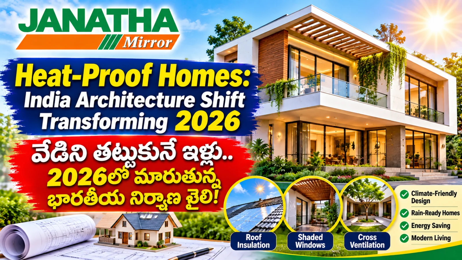 Modern Indian home with shaded balconies, insulated roof, courtyard and natural ventilation for hot and rainy weather.
