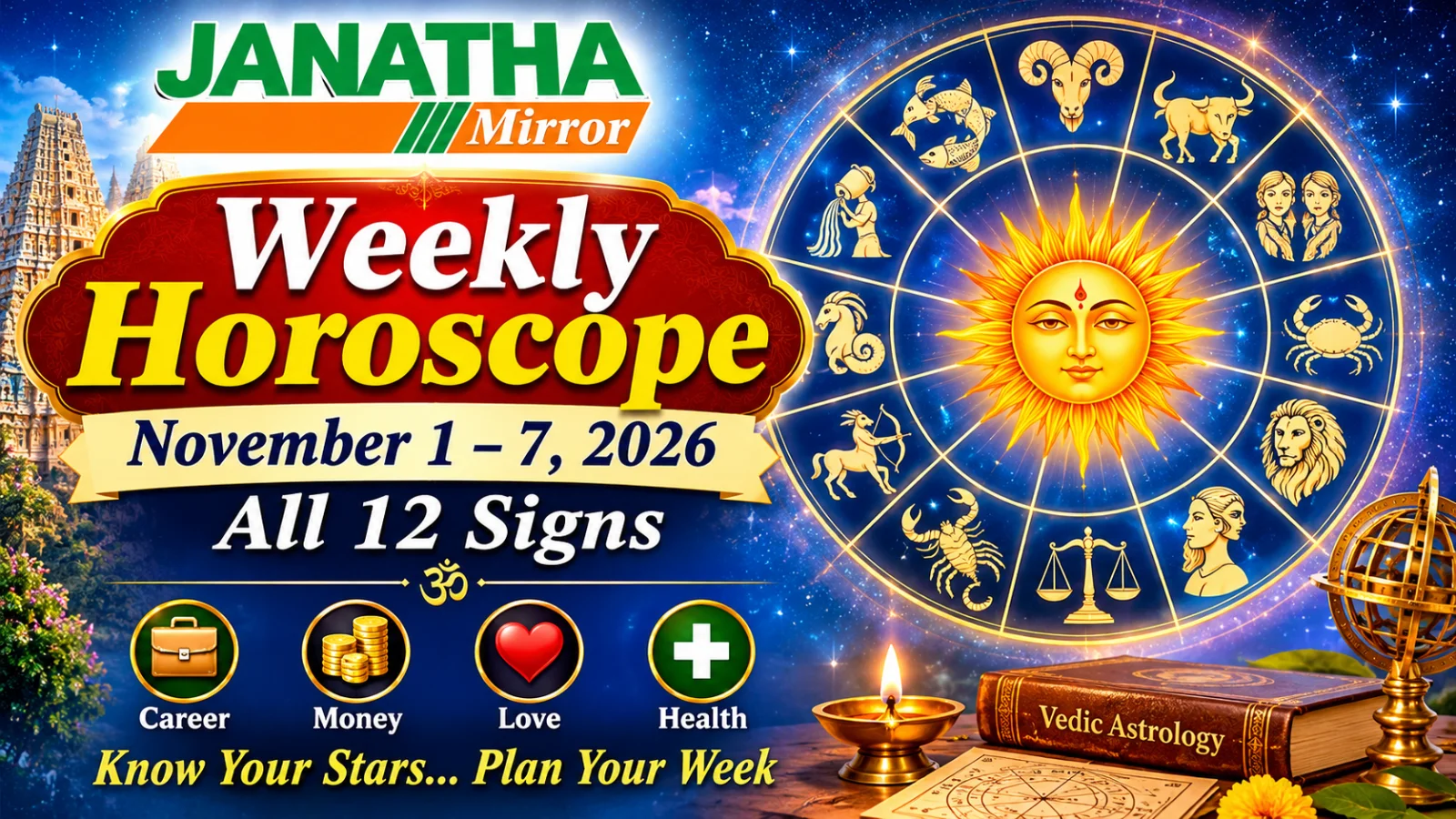 November 1–7, 2026 weekly horoscope featuring all 12 zodiac signs and Vedic astrology predictions.