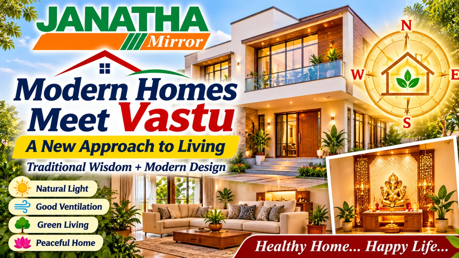 Modern Indian home featuring a Vastu-inspired entrance, natural lighting, indoor greenery and a peaceful prayer space.