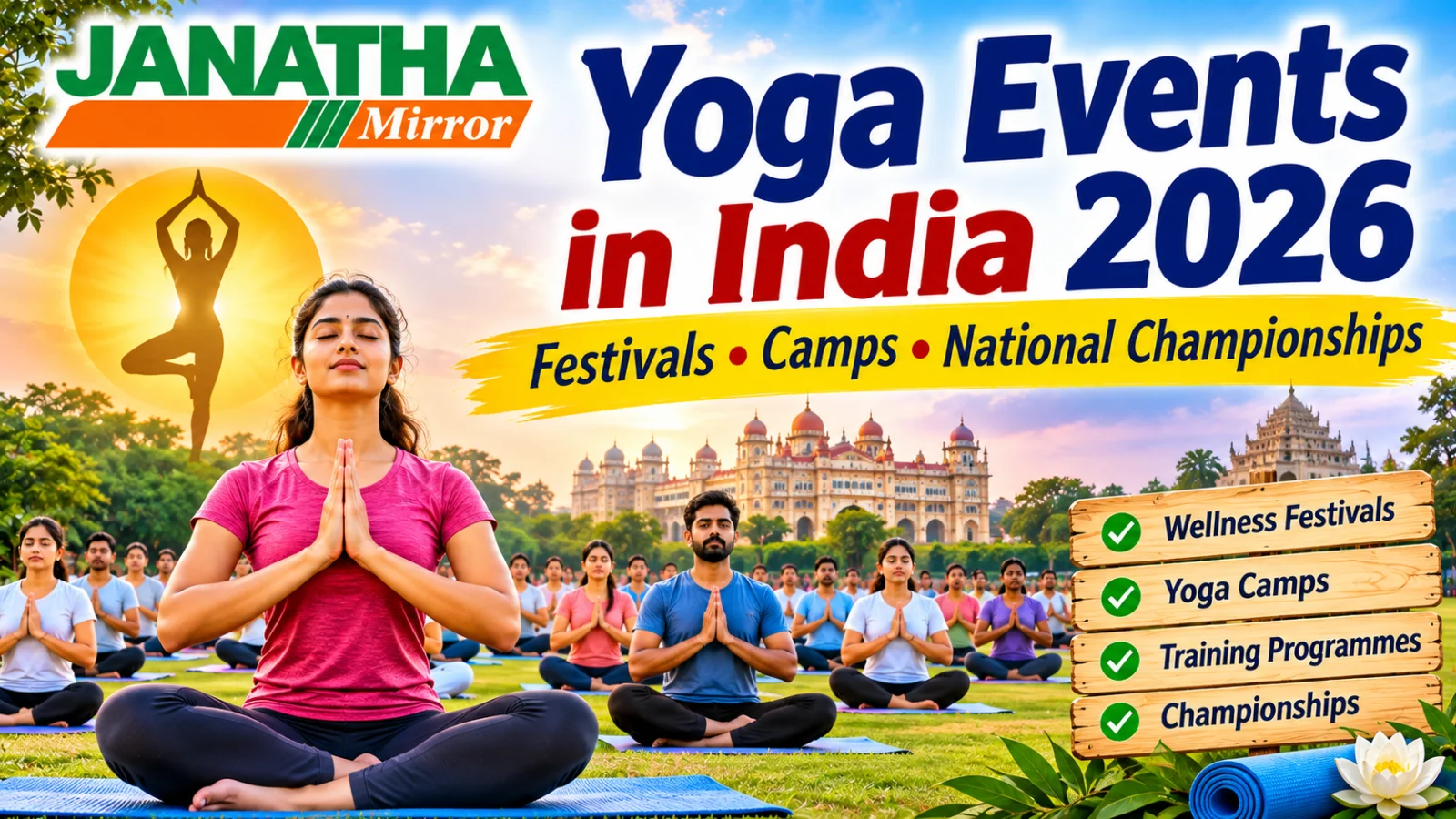 Yoga practitioners attending a group outdoor session at an Indian wellness festival with meditation and yoga activities