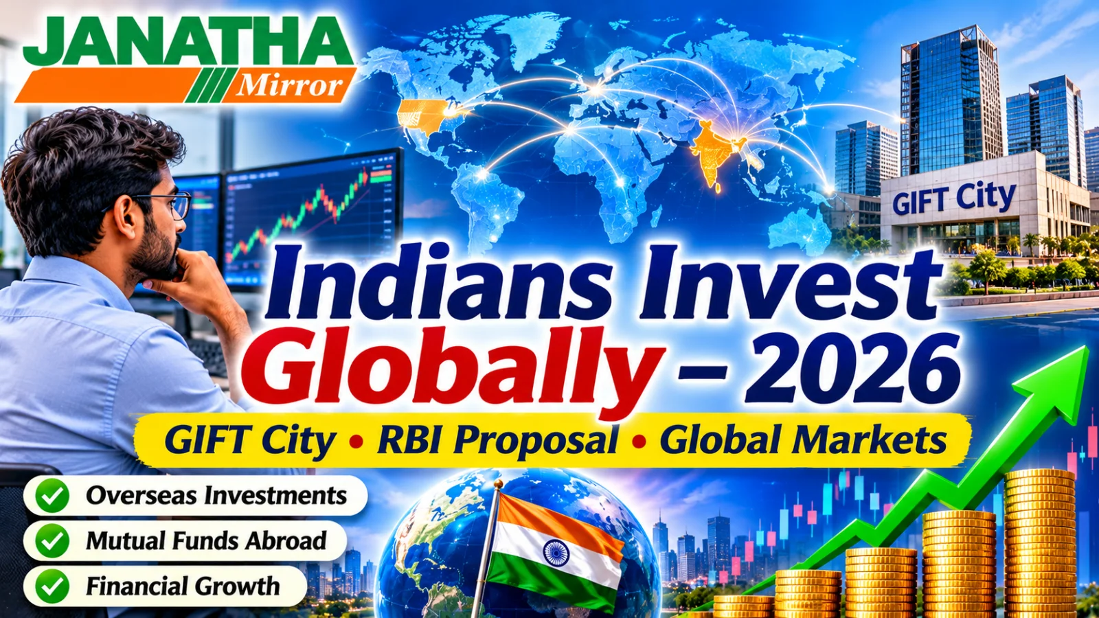 Indian investor reviewing global stock markets, international investment funds and financial growth opportunities