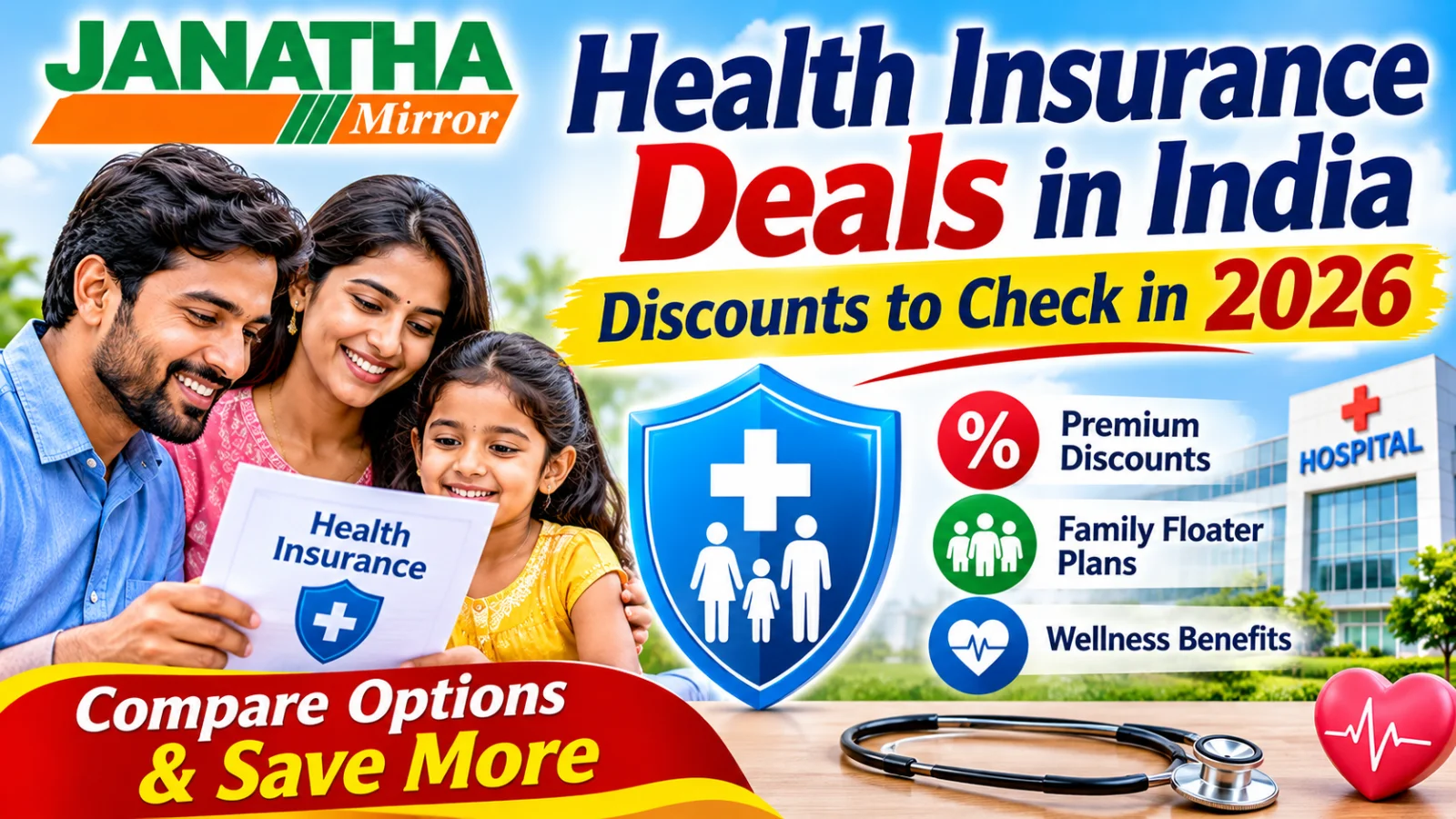Indian family comparing health insurance plans, premium discounts and hospital coverage options in 2026