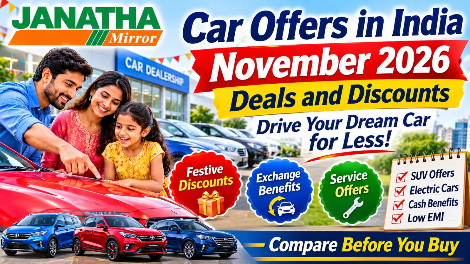 Indian family comparing new car offers, festive discounts and automobile deals at a modern dealership