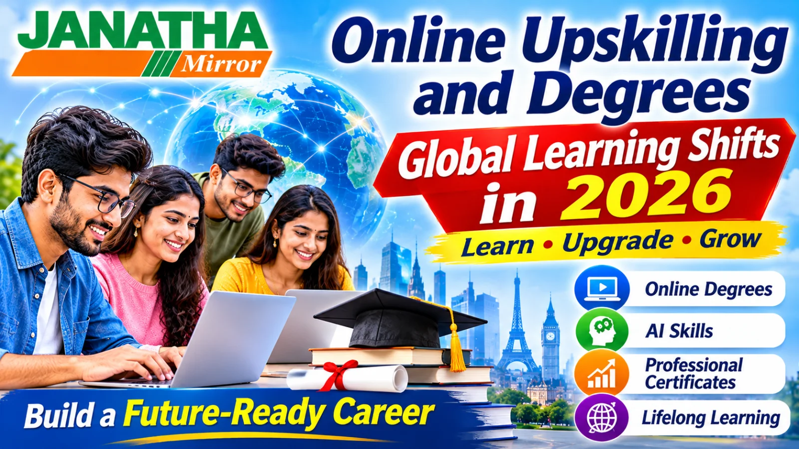 Students worldwide attending online degree classes and AI skills training through digital learning platforms