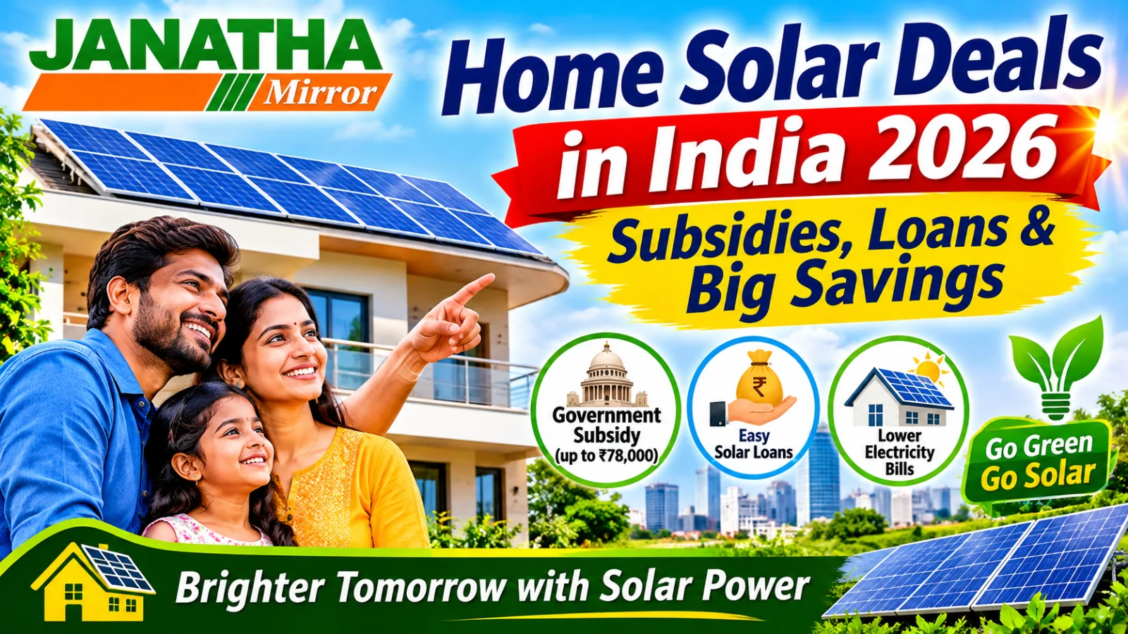 Indian family checking rooftop solar panels, government subsidies and home solar installation savings in 2026